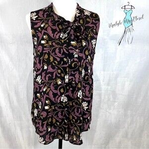 Ann Taylor Loft black and wine tie neck button down blouse size medium